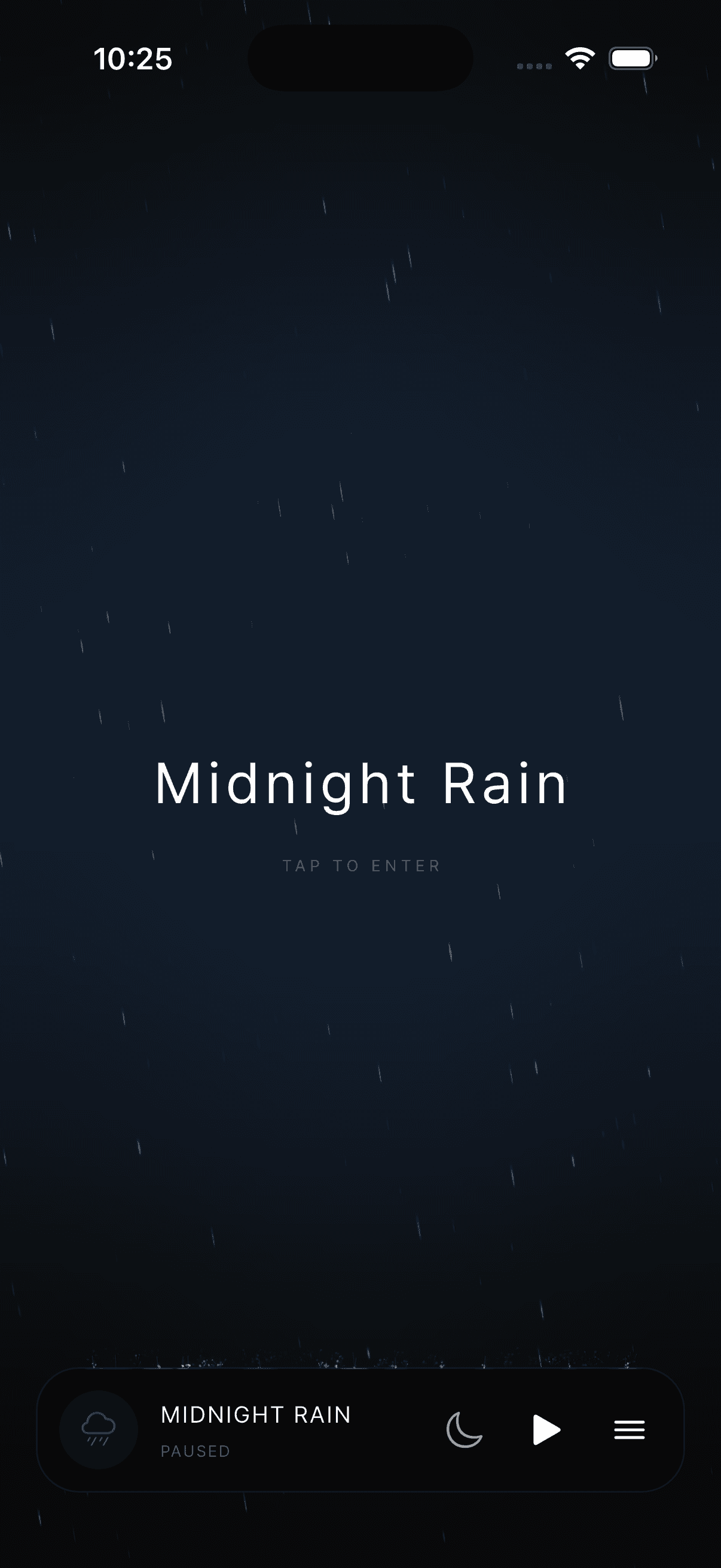 Fade의 Midnight Rain 테마 화면. 빗방울 배경과 하단 재생 컨트롤이 보입니다.